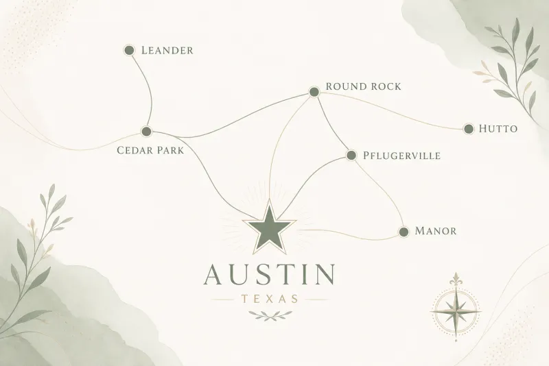 Service area map showing Austin, TX and surrounding cities